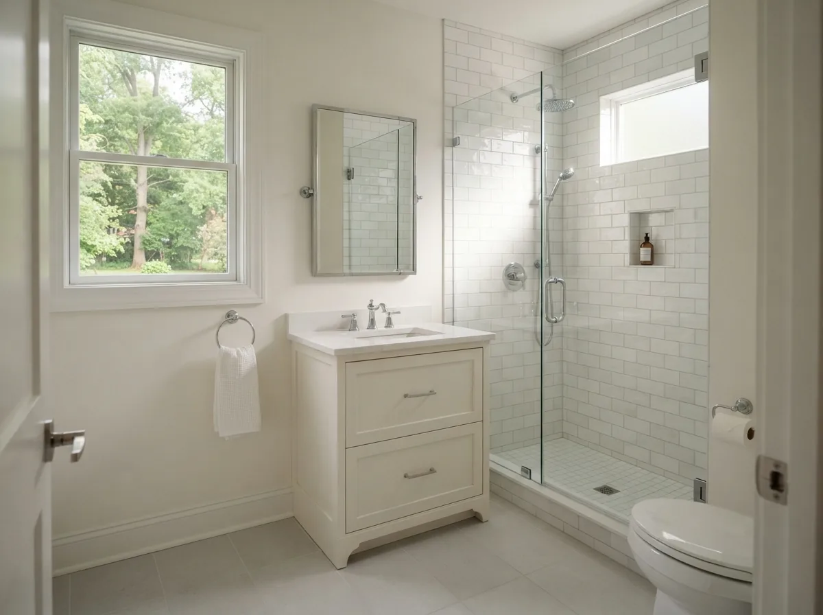 Tiled full bathroom in a detached guest suite