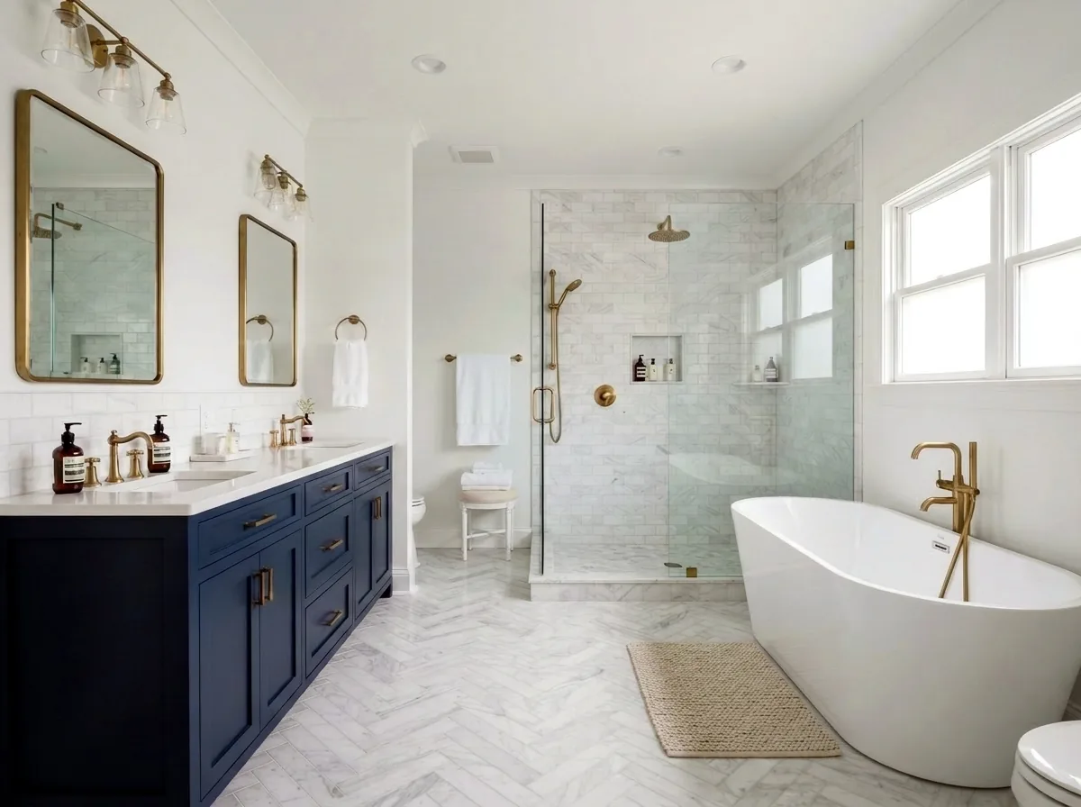Mid-range bathroom with a semi-custom vanity and stone top