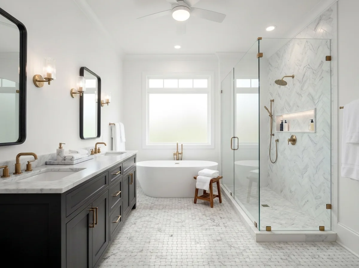 Mid-range bathroom with accent tile and a shower niche
